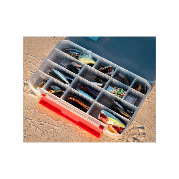 3600 / 3700 | Rapala Rapstack Tackle Tray Image Showing Tackle Tray Open On The Sand Full Of Fishing Lures.
