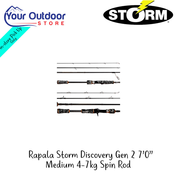 Rapala Storm Discovery Gen 2 7'0'' Medium 4-7kg Spin Rod | Hero Image Showing All Logos And Titles.