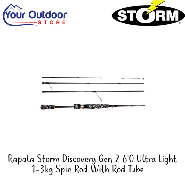Rapala Storm Discovery Gen 2 6'0 Ultra Light 1-3kg Spin Rod With Rod Tube | Hero Image Showing Or Logos And Titles.