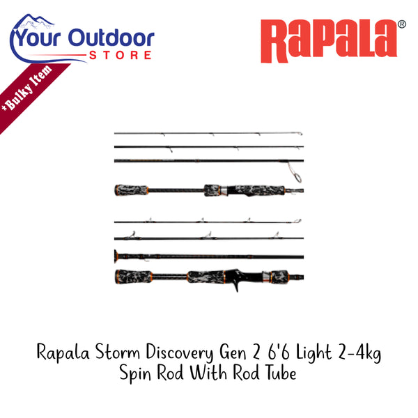 Rapala Storm Discovery Gen 2 6'6 Light 2-4kg Spin Rod With Rod Tube | Hero Image Showing All Logos And Titles.