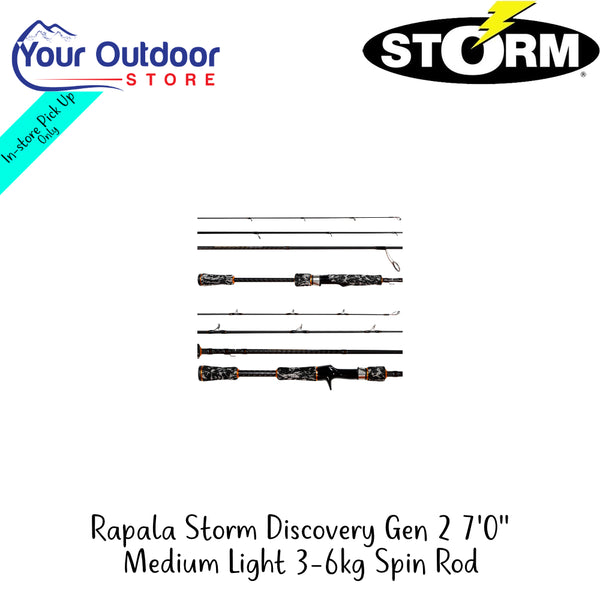 Rapala Storm Discovery Gen 2 7'0'' Medium Light 3-6kg Spin Rod | Hero Image Showing All Logos And Titles.