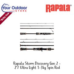 Rapala Storm Discovery Gen 2 2'7'' Ultra Light 1-3kg Spin Rod | Hero Image Showing All Logos And Titles.