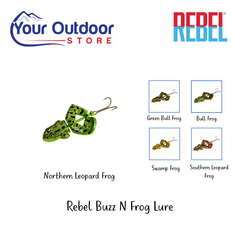 Rebel Buzz N Frog Lure. Hero Image Showing Variants,  Logos and Title.  