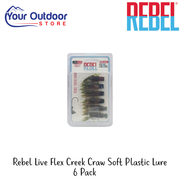 Rebel Live Flex Creek Craw Soft Plastic Lure 6 Pack | Hero Image Showing All Logos And Titles.