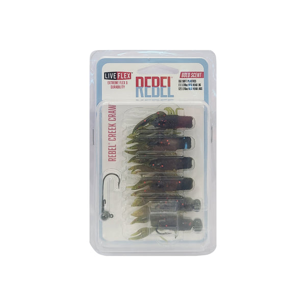 6 Pack | Rebel Live Flex Creek Craw Soft Plastic Lure 6 Pack Image Showing No Logos Or Titles.