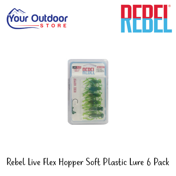 Rebel Live Flex Hopper Soft Plastic Lure 6 Pack | Hero Image Showing All Logos And Titles.