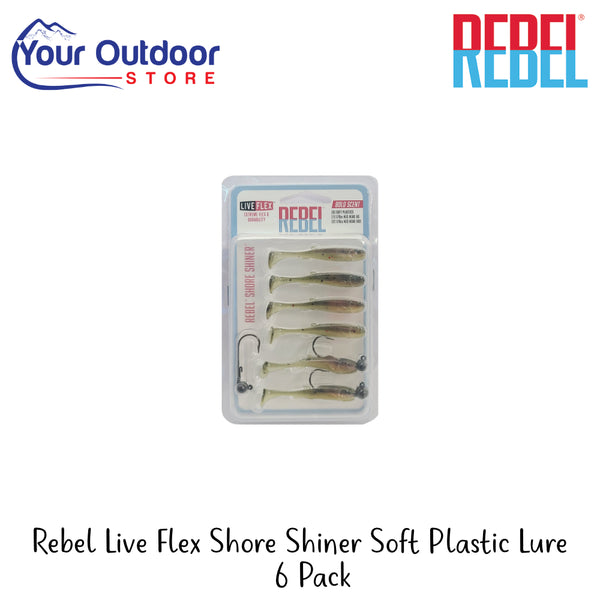 Rebel Live Flex Shore Shiner Soft Plastic Lure 6 Pack | Hero Image Showing All Logos And Titles.