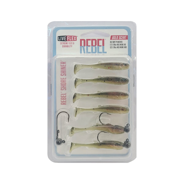 6 Pack | Rebel Live Flex Shore Shiner Soft Plastic 6 Pack Image Showing No logos Or Titles.