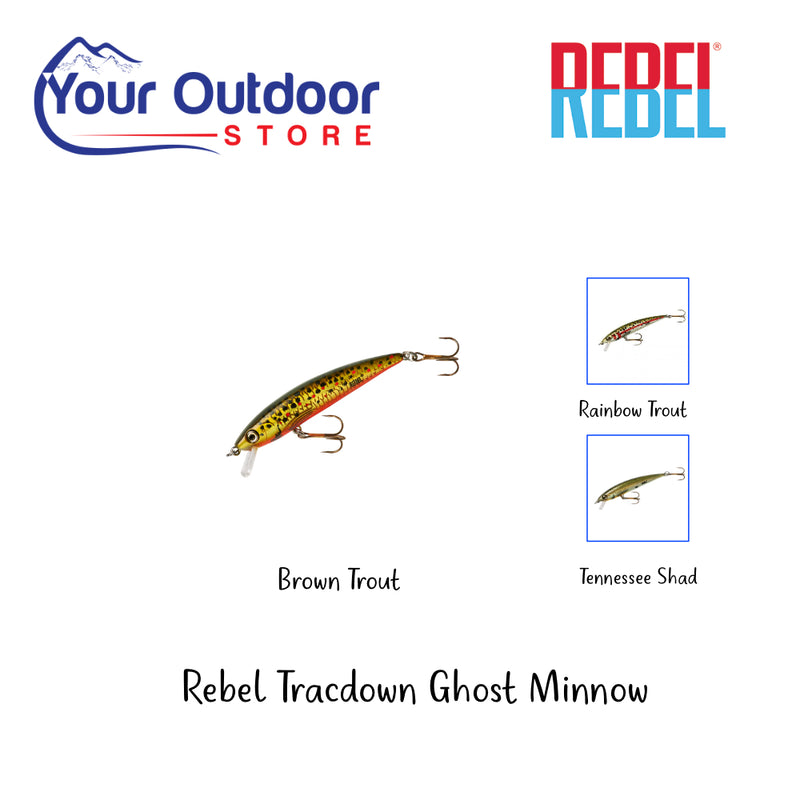 Rebel Tracdown Ghost Minnow. Hero Image Showing Variants, Logos and Title. 