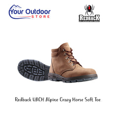 Redback UACH Alpine Crazy Horse Soft Toe. Hero Image Showing Logos and Title. 