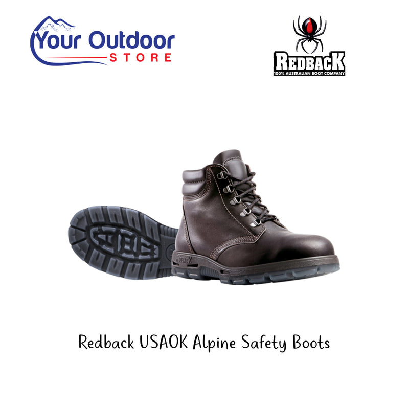 Redback USAOK Alpine Safety Boots. Hero Image Showing Logos and Title. 