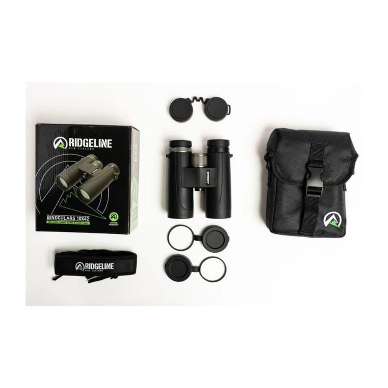 Ridgeline Binos 10x42 Black | Showing Packaging, Lense Caps, Storage Pouch And Strap.