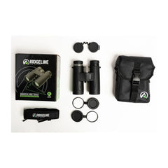 Ridgeline Binos 10x42 Black | Showing Packaging, Lense Caps, Storage Pouch And Strap.