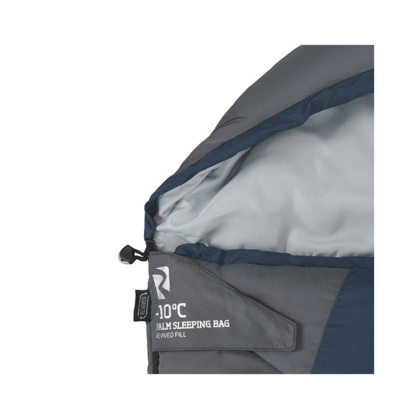 Blue / Grey | Roman -10 Deg Sleeping Bag Image Showing Close Up View Of Velcro Zipper Cover.