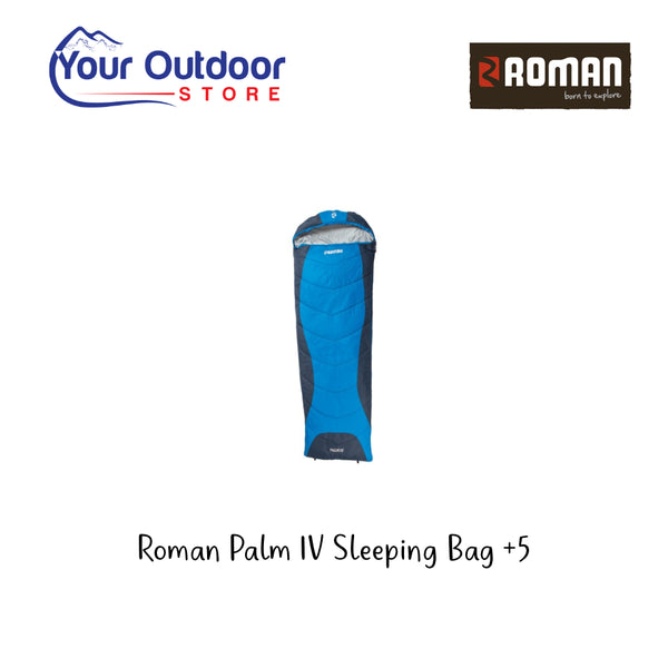 Roman Palm IV Sleeping Bag +5. Hero Image Showing Logos and Title. 
