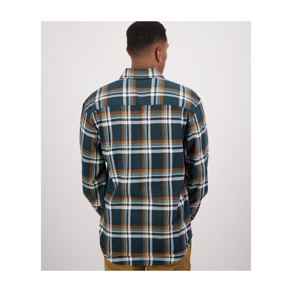 Deep Green | Swanndri Men's Egmont Full Button Flannelette Shirt Image Showing Back View.