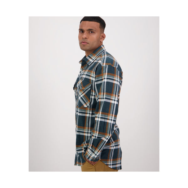 Deep Green | Swanndri Men's Egmont Full Button Flannelette Shirt Image Showing Side View.