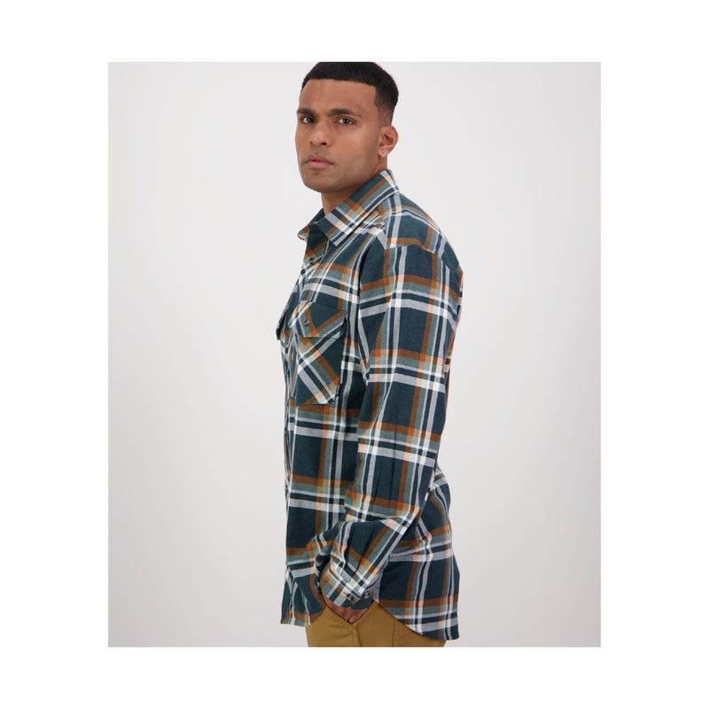 Deep Green | Swanndri Mens Egmont Full Button Flannelette Shirt Image Showing Side View.