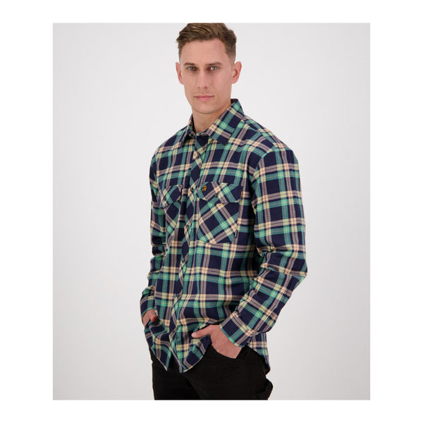 Fern | Swanndri Men's Egmont Full Button Flannelette Shirt Image Showing Side View.