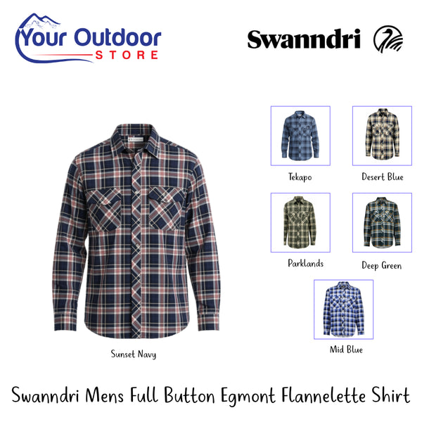 Swanndri Mens Full Button Egmont Flannelette Shirt | Hero Image Showing All Logos, Titles And Variants.