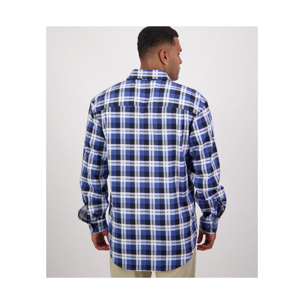 Mid Blue | Swanndri Men's Egmont Full Button Flannelette Shirt Image Showing Back View.