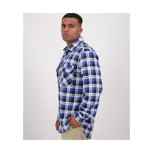 Mid Blue | Swanndri Men's Egmont Full Button Flannelette Shirt Image Showing Side View.
