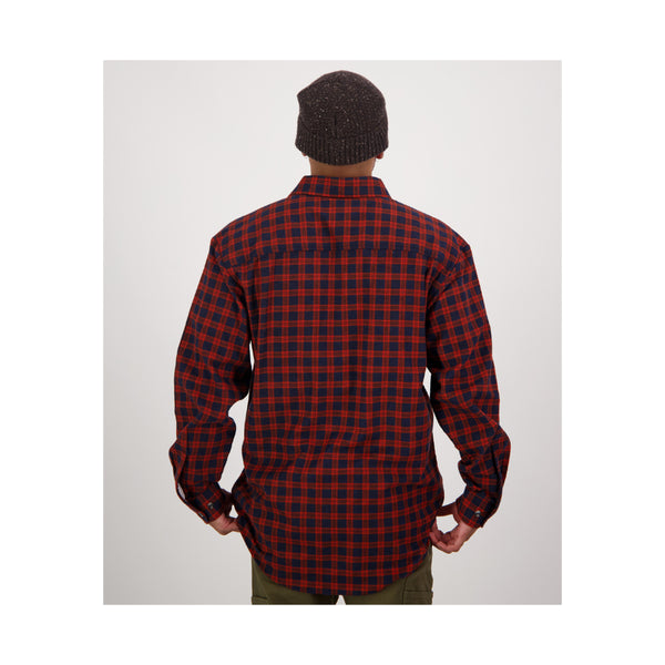 Red Lattice | Swanndri Men's Egmont Full Button Flannelette Shirt Image Showing Back View.