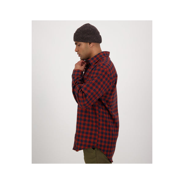 Red Lattice | Swanndri Men's Egmont Full Button Flannelette Shirt Image Showing Side View.