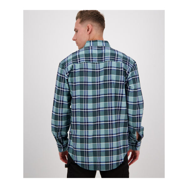 Sage | Swanndri Men's Egmont Full Button Flannelette Shirt Image Showing Back View.