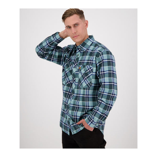 Sage | Swanndri Men's Egmont Full Button Flannelette Shirt Image Showing Angled Side View.