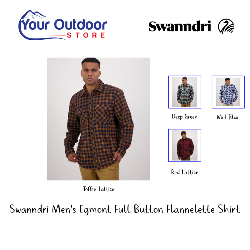 Swanndri Men's Egmont Full Button Flannelette Shirt | Hero Image Showing Logos, Title and Variants.