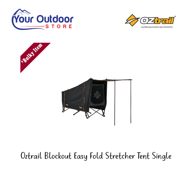 Oztrail Blockout Easy Fold Stretcher Tent Single. Hero Image Showing Logos and Title. 