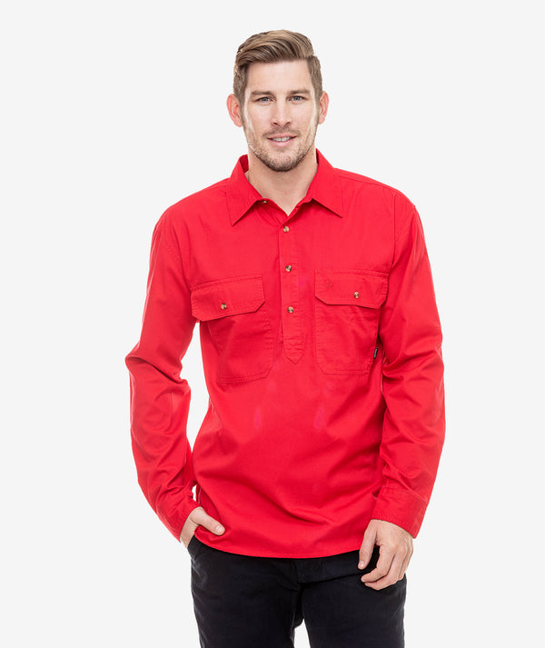 Bright Red | Swanndri Mens Bendigo Long Sleeve Work Shirt Image Showing No logos Or Titles.