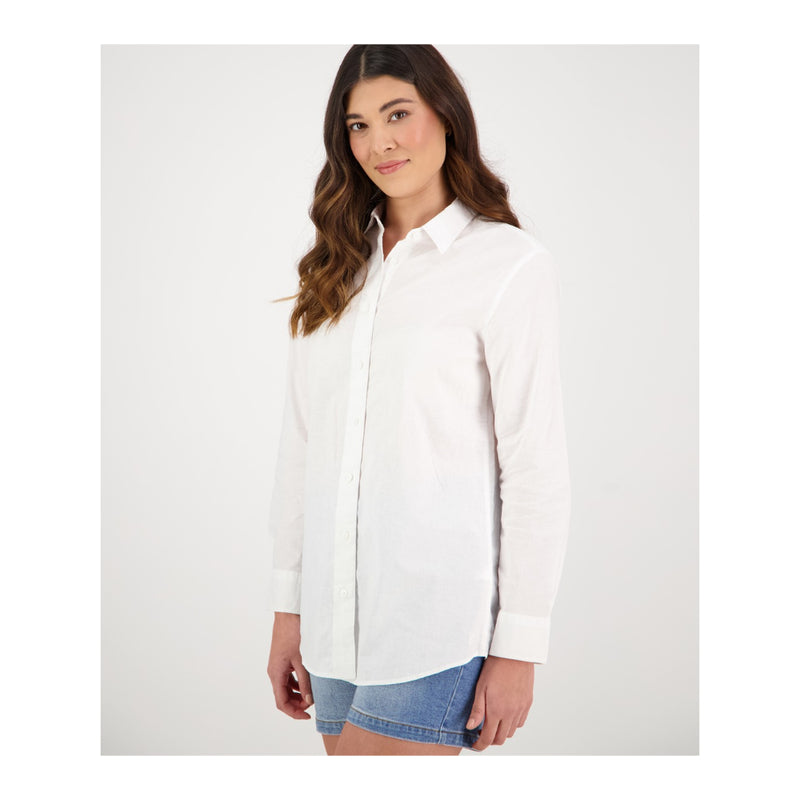 White | Swanndri Catalina Shirt - Angled Front View on Model.
