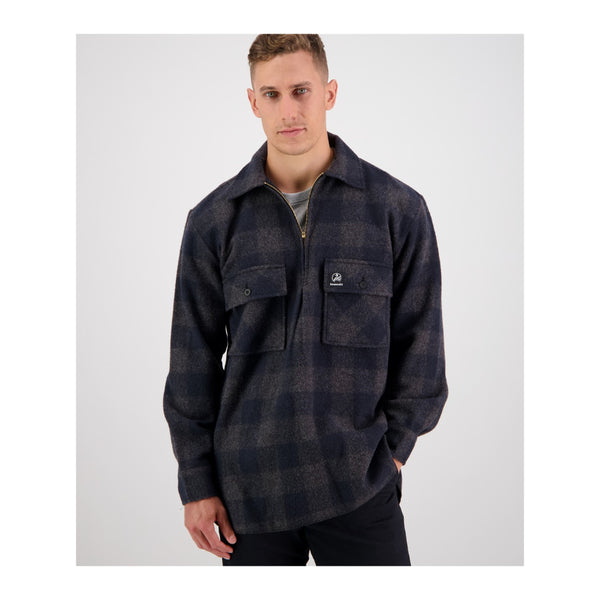 Coal Check | Front View, Zipper Partly Open.
