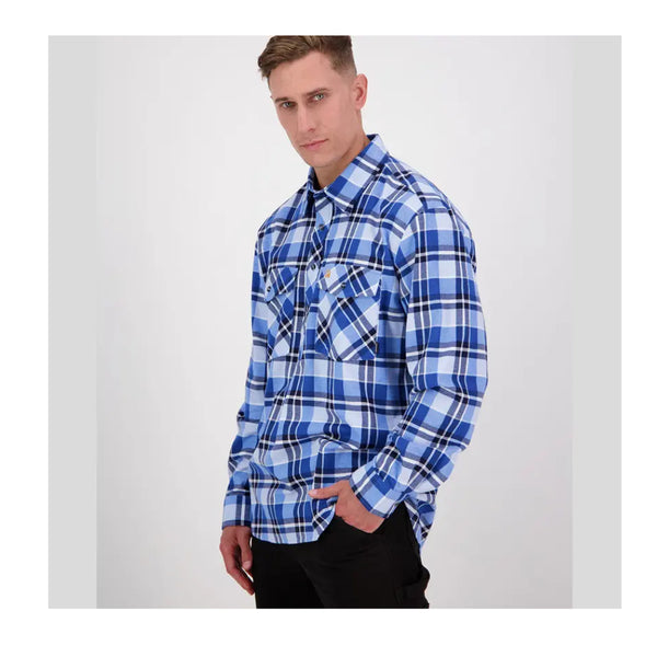 Arctic | Swanndri Men's Egmont Half Button Flannelette Shirt Image Showing Angled Side View.