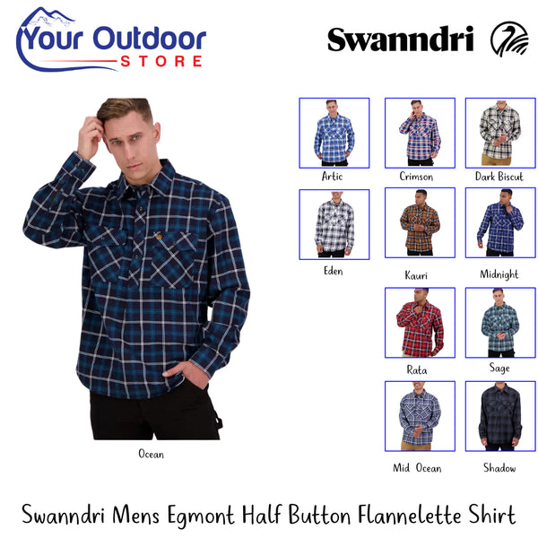 Swanndri Mens Egmont Half Button Flannelette Shirt | Hero Image Showing All Logos, Titles And Variants.