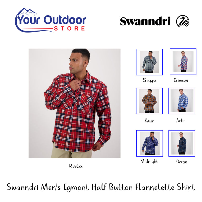 Swanndri Men's Egmont Half Button Flannelette Shirt | Hero Image Showing All Logos, Titles And Variants.