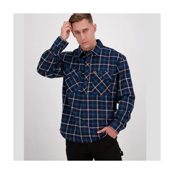Ocean | Swanndri Men's Egmont Half Button Flannelette Shirt Image Showing No Logos Or Titles.