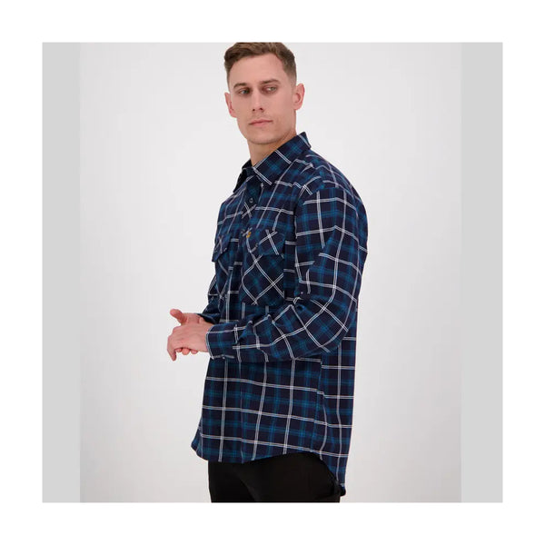 Ocean | Swanndri Men's Egmont Half Button Flannelette Shirt Image Showing Angled Side View.