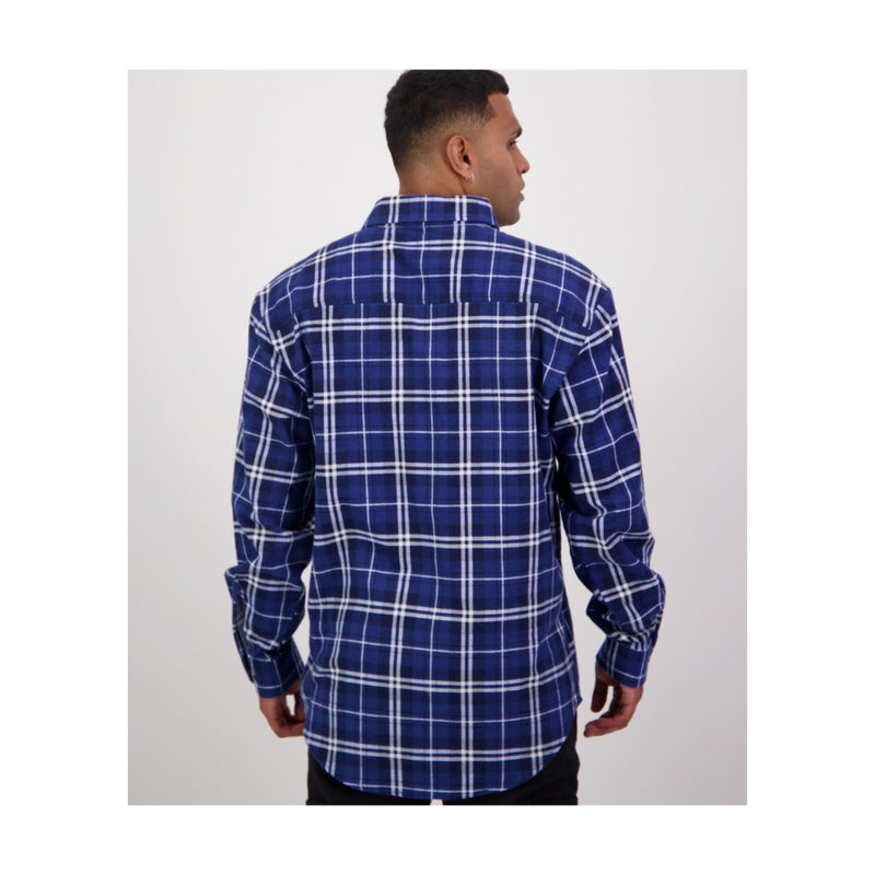 Midnight | Swanndri Men's Egmont Half Button Flannelette Shirt Image Showing Back View.