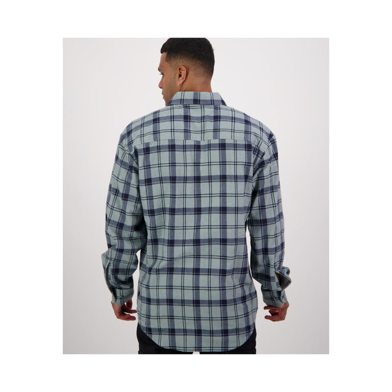 Sage | Swanndri Men's Egmont Half Button Flannelette Shirt  Image Showing Back View.