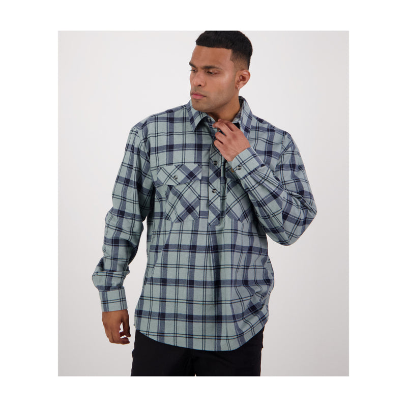 Sage | Swanndri Men's Egmont Half Button Flannelette Shirt Image Showing No Logos Or Titles.