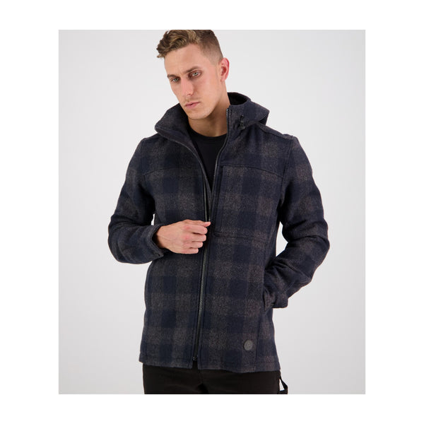 Coal Check | Men's Hudson Hoody, Front View Half Unzipped.