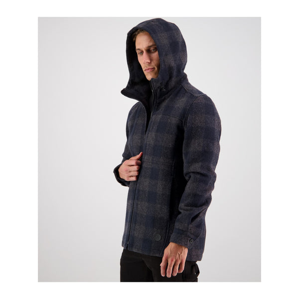 Coal Check | Men's Hudson Hoody, Side View Hood On.