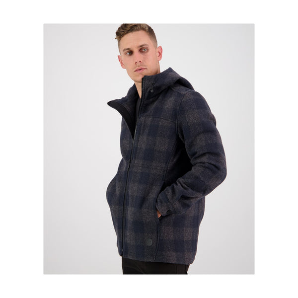 Coal Check | Men's Hudson Hoody, Side View Hands in Pockets.