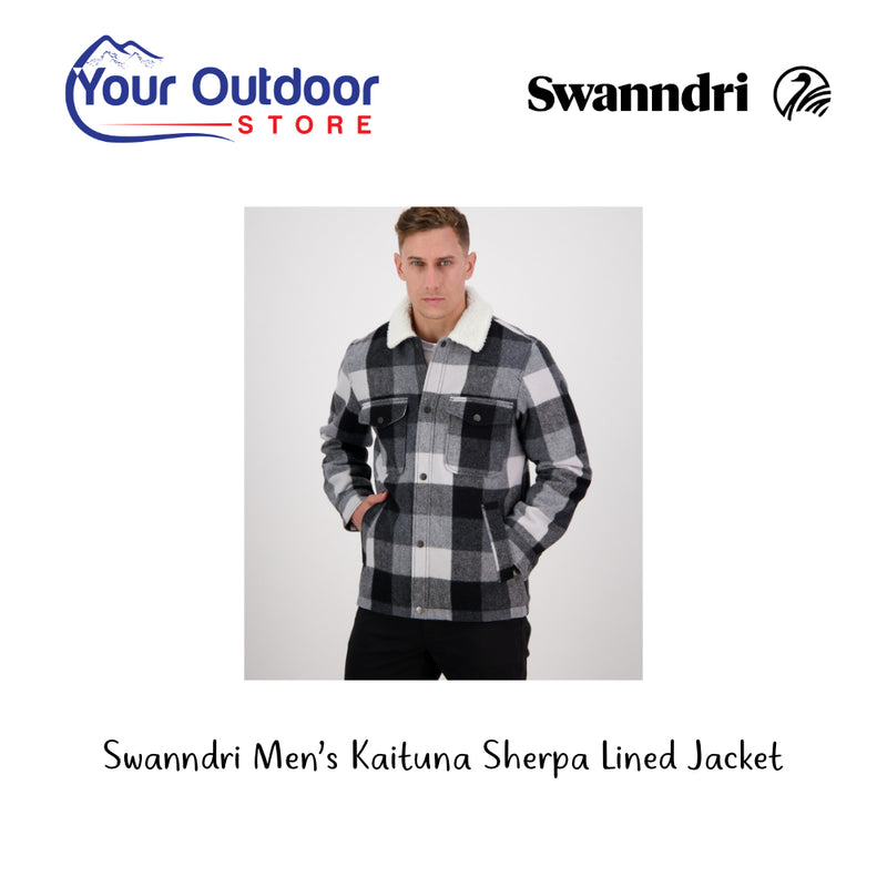 Swanndri Men's Kaituna Sherpa Lined Jacket. Hero Image Showing Logos and Title. 
