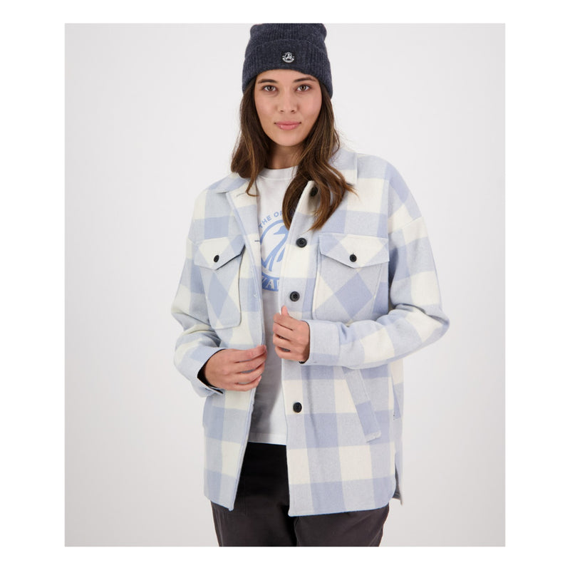 Powder Check | Swanndri Women's Anchorage Jacket - Front View, Worn Open over a T- Shirt. 