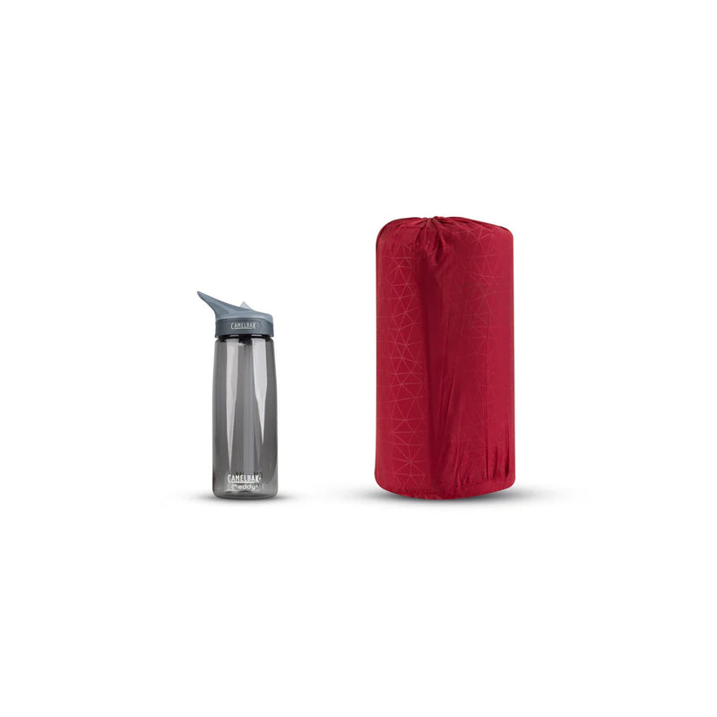 Maroon | Sea To Summit Comfort Plus S.I Regular Mat Image Showing Packed Mat Next To A Water Bottle.
