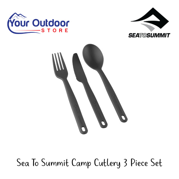 Sea To Summit Camp Cutlery 3 Piece Set | Hero Image Showing All Logos And Titles.